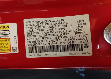 2024 Honda Civic Sport z USA, uszkodzony, nr VIN 2HGFE2F55RH587459